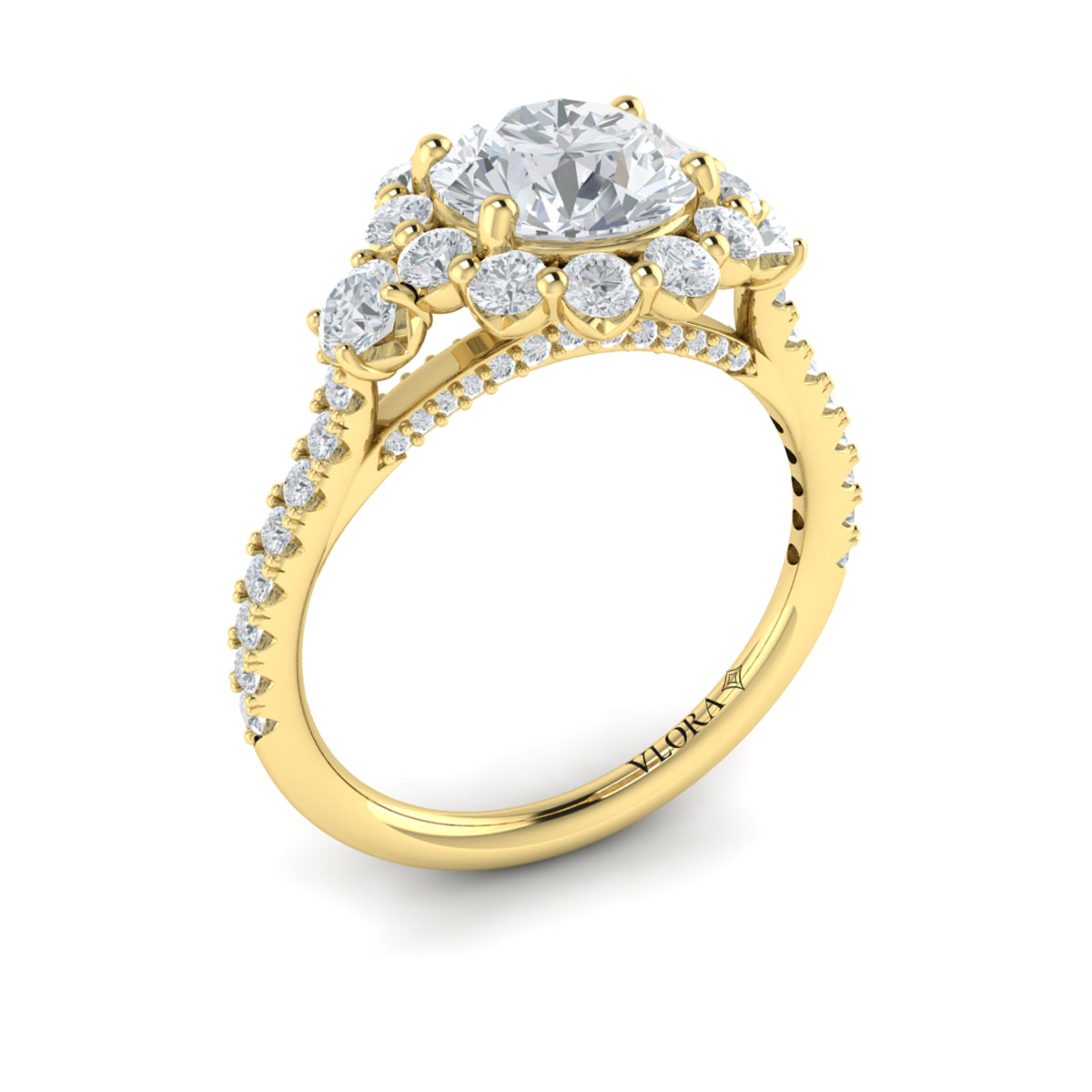 14kt Yellow Gold Round Diamond Floral Halo Ring