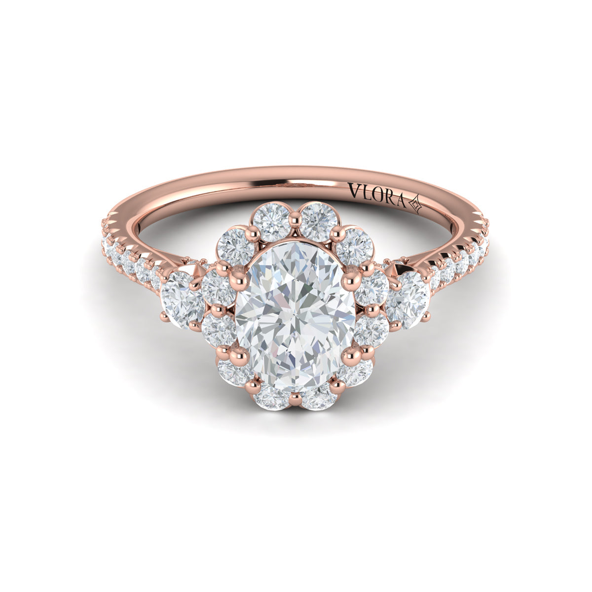 14K Rose Gold Oval Diamond Floral Halo Engagement Ring
