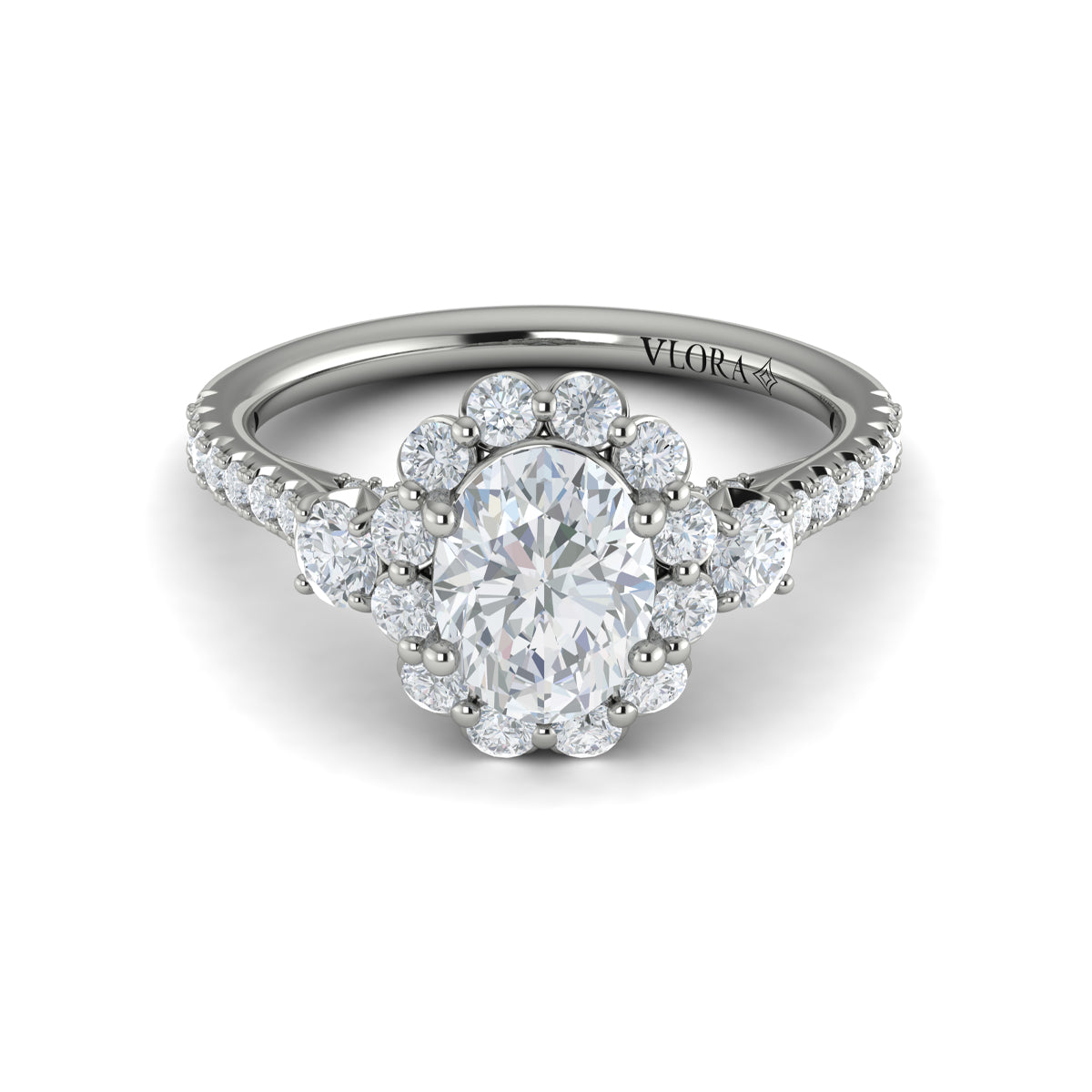 Platinum Oval Diamond Three-Stone Halo Engagement Ring