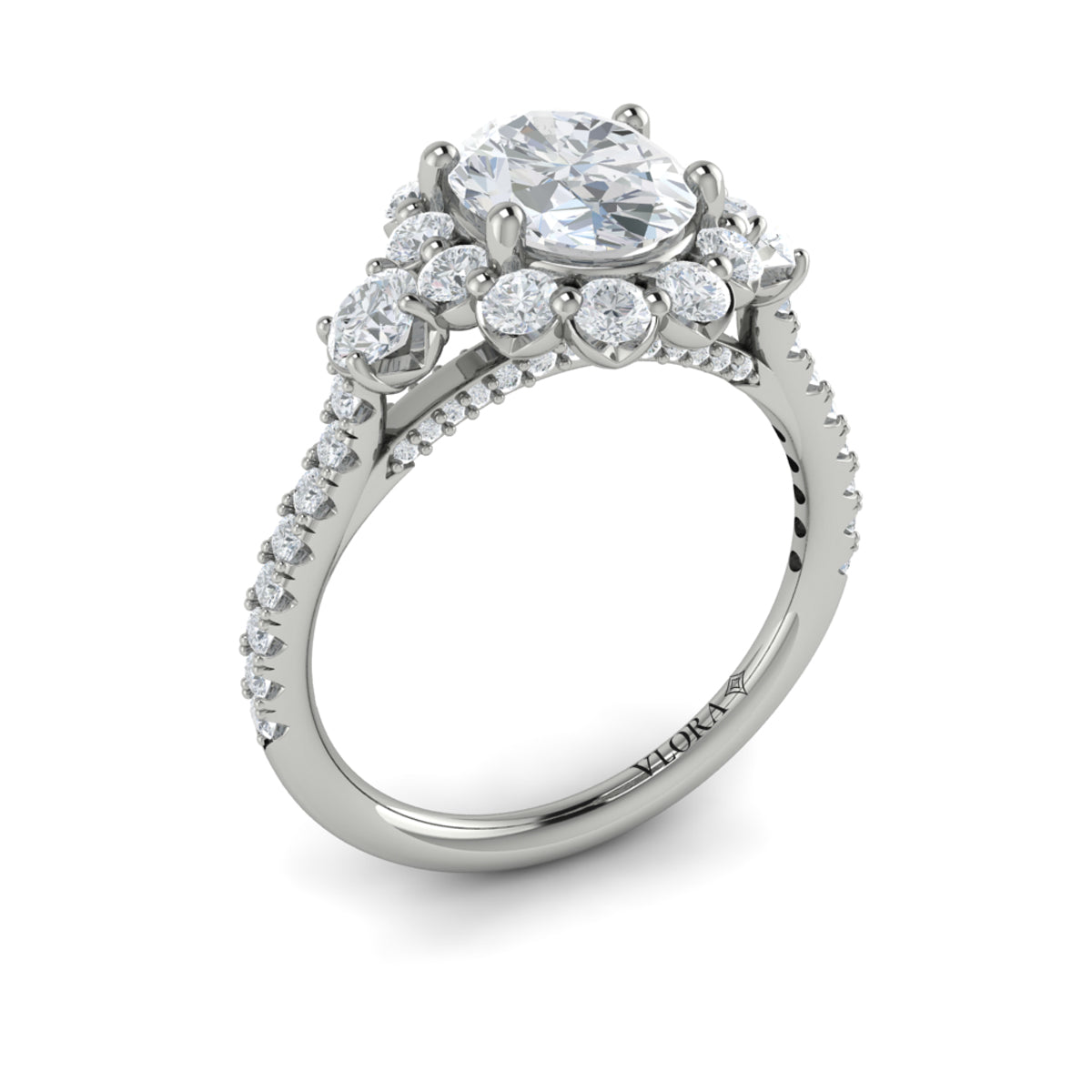 Platinum Oval Diamond Three-Stone Halo Engagement Ring