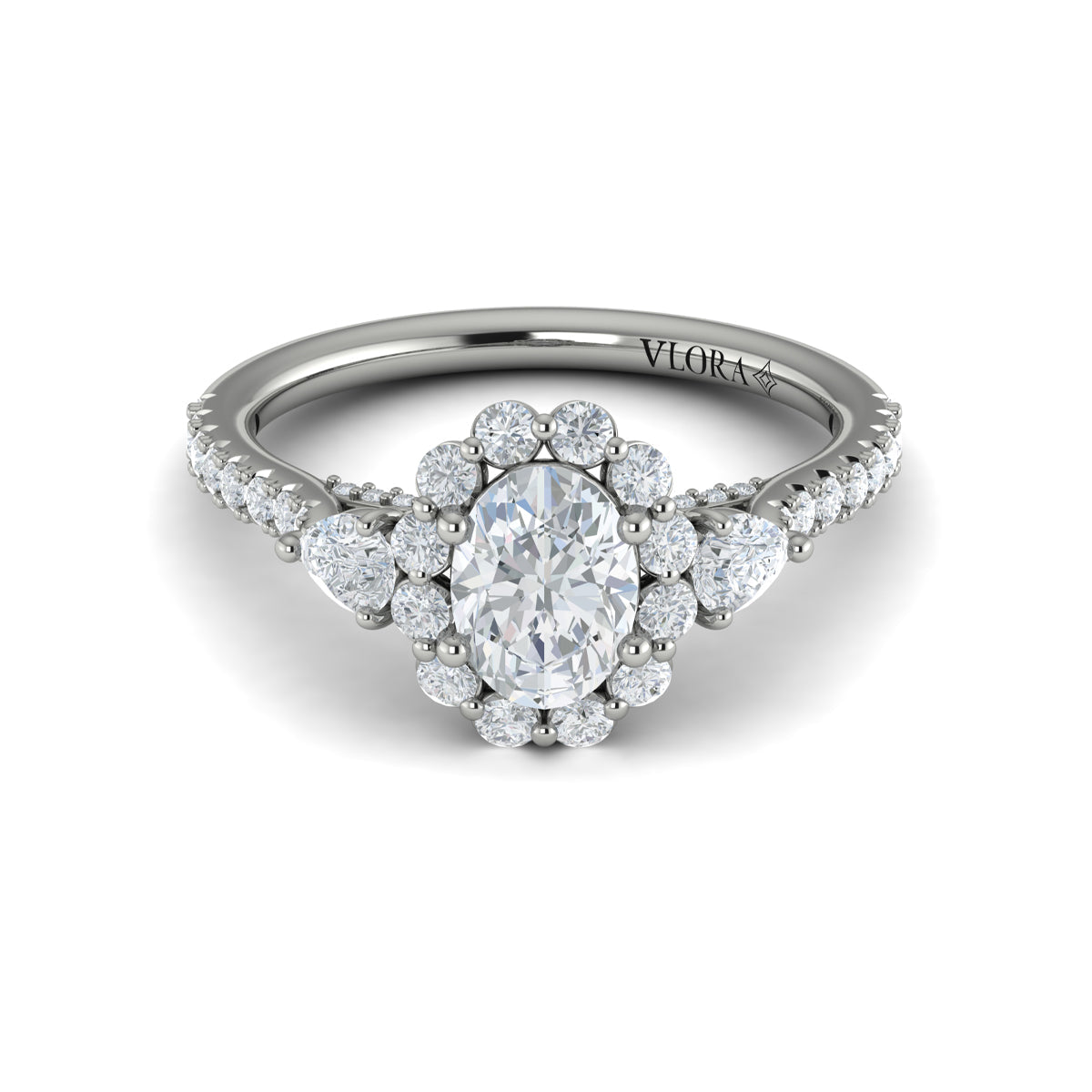 14kt White Gold Oval Diamond Pear Side Halo Engagement Ring
