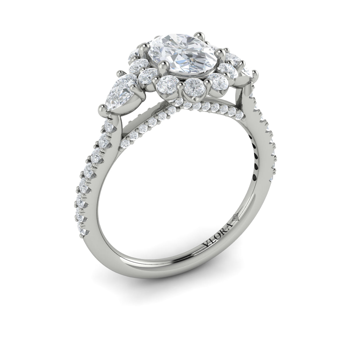 14kt White Gold Oval Diamond Pear Side Halo Engagement Ring