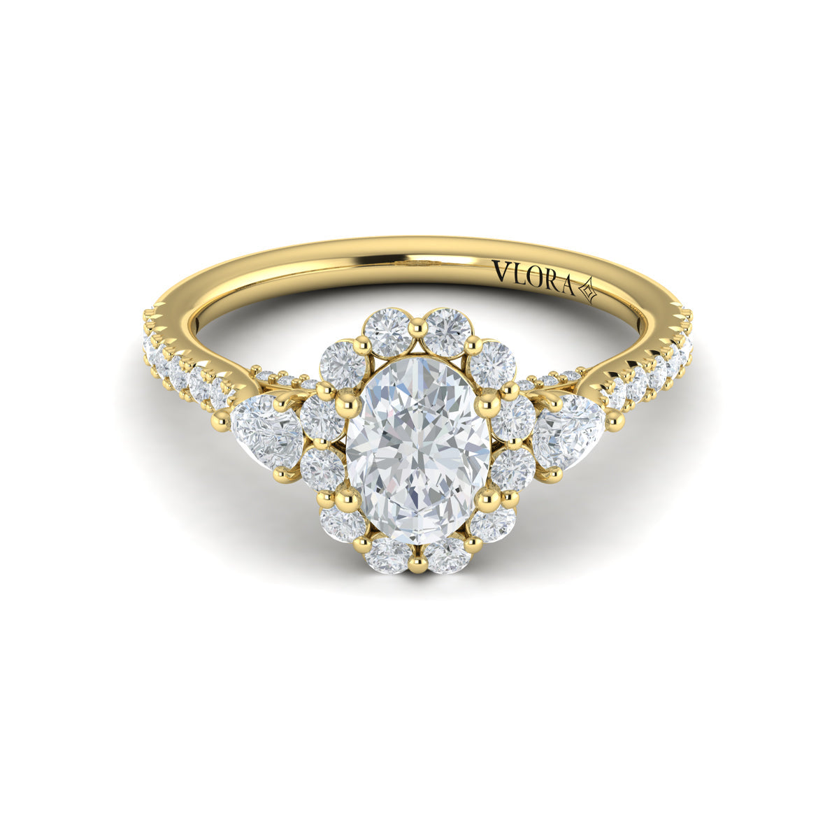 14kt Yellow Gold Oval Diamond Halo Three-Stone Engagement Ring