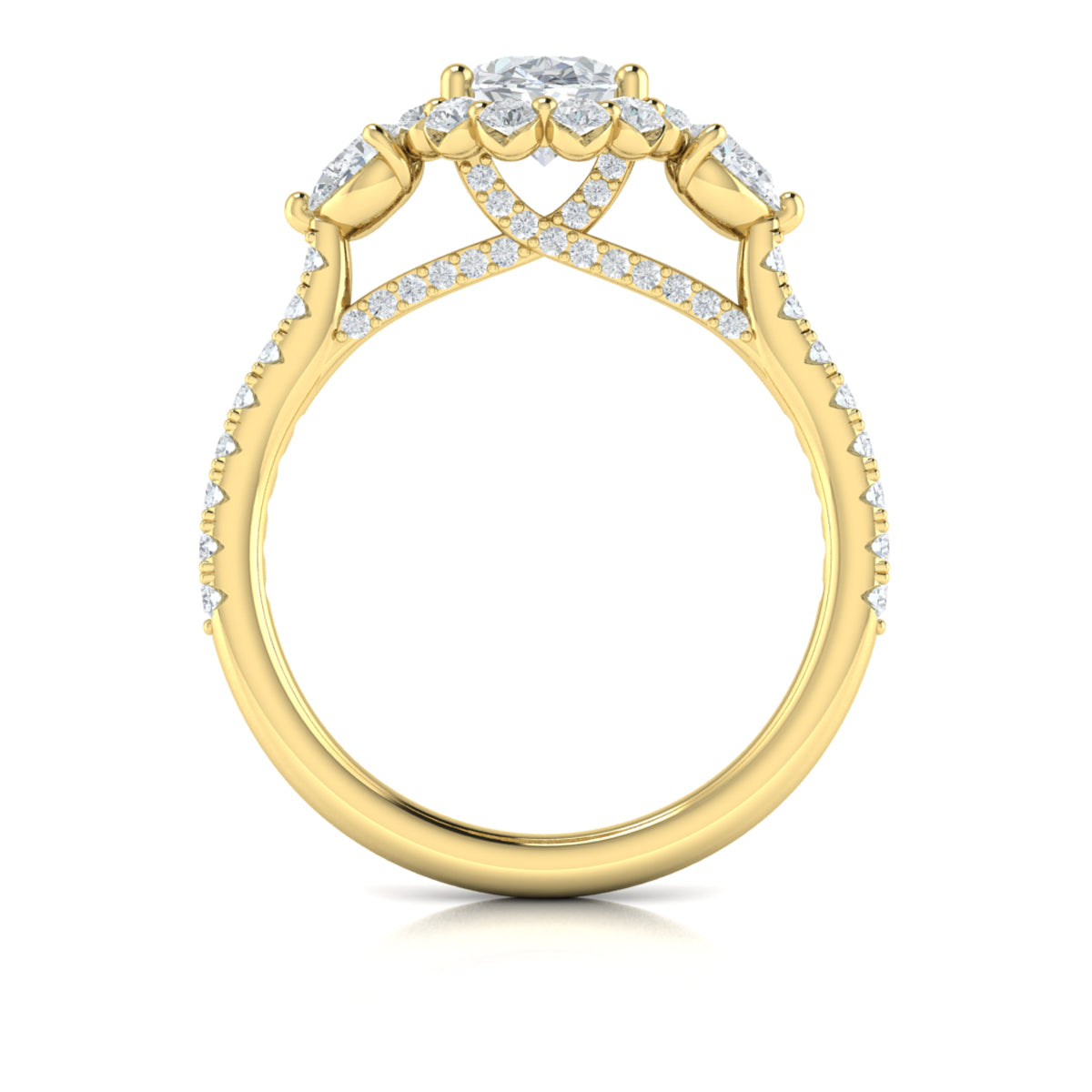 14kt Yellow Gold Oval Diamond Halo Three-Stone Engagement Ring