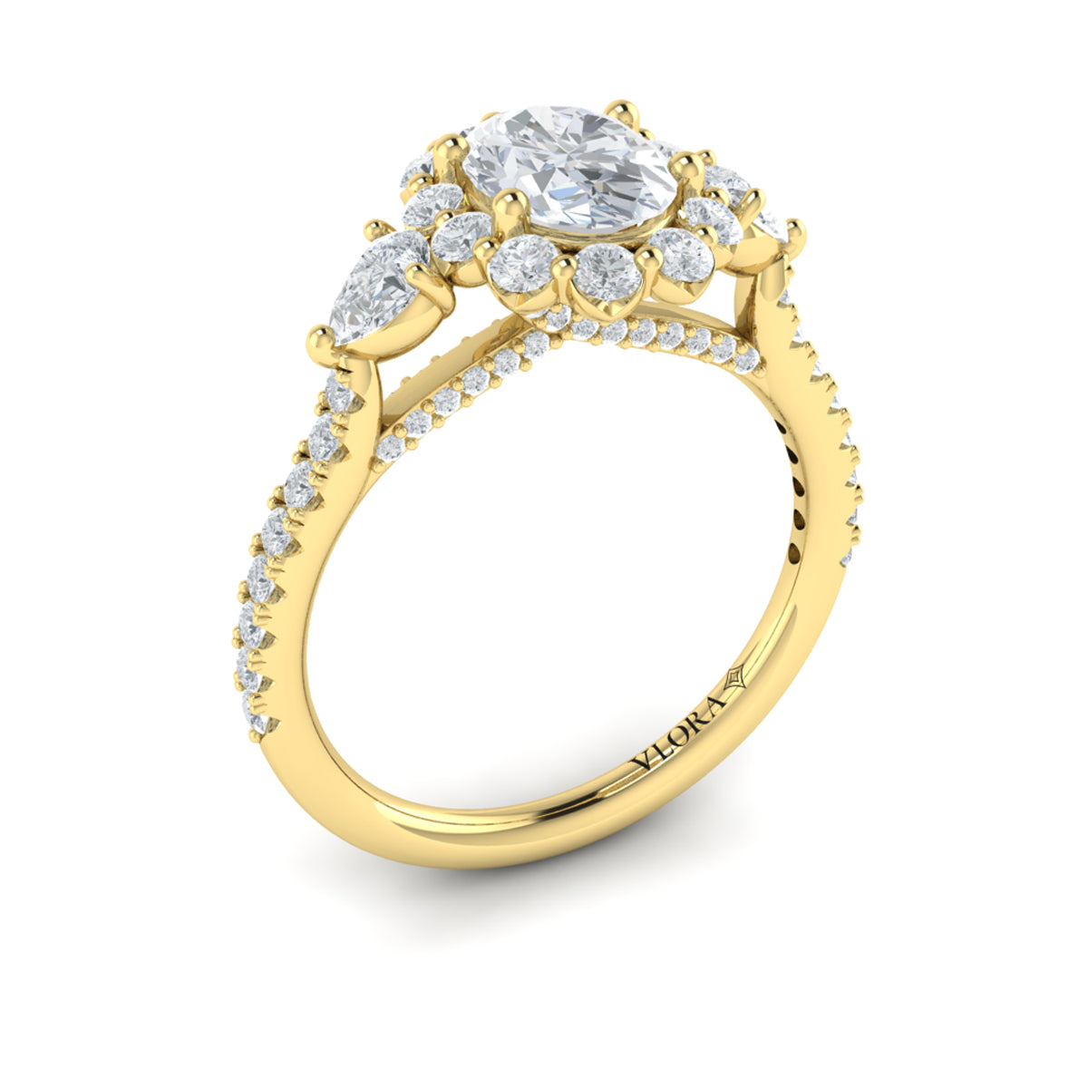14kt Yellow Gold Oval Diamond Halo Three-Stone Engagement Ring
