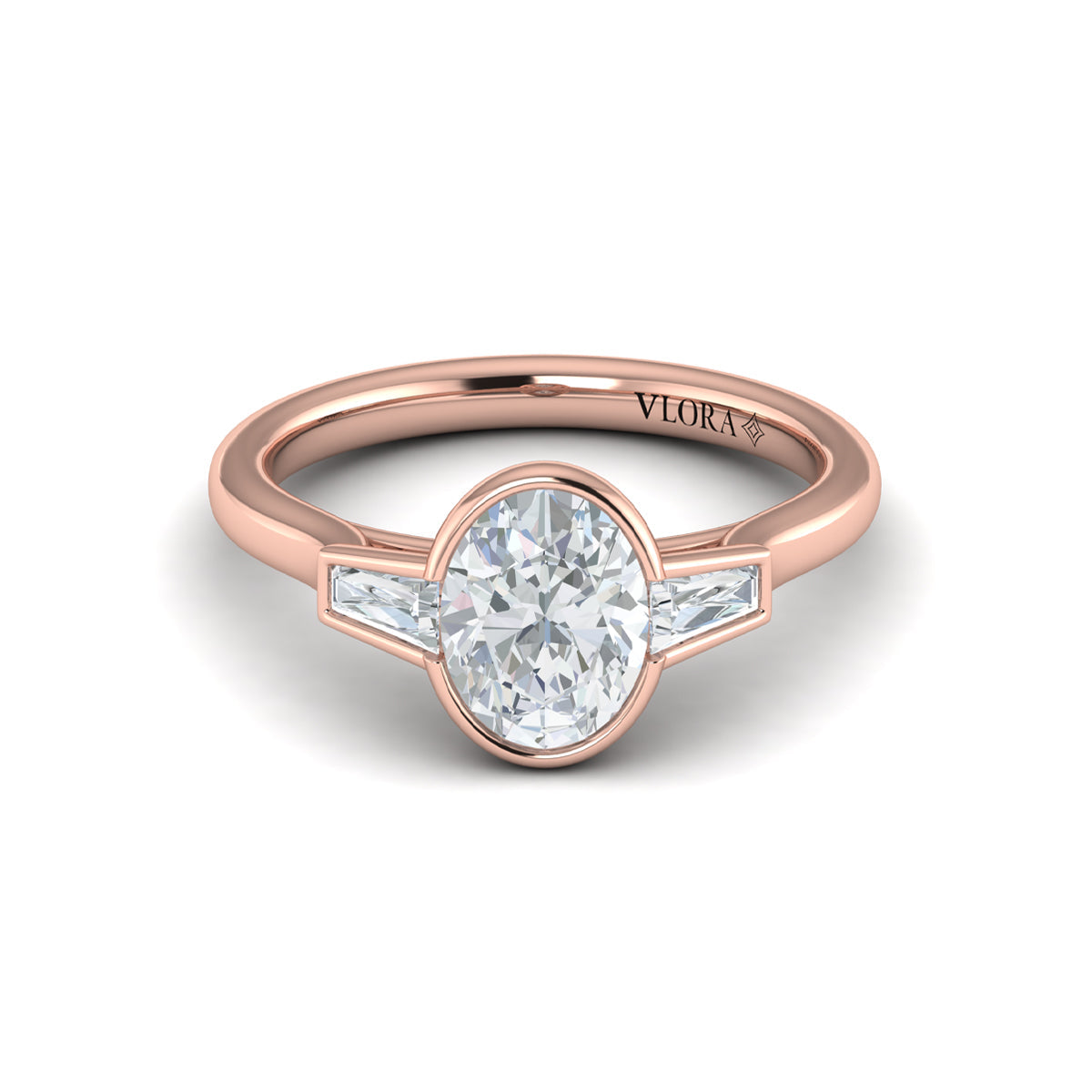 14kt Rose Gold Oval Diamond Three-Stone Bezel Ring