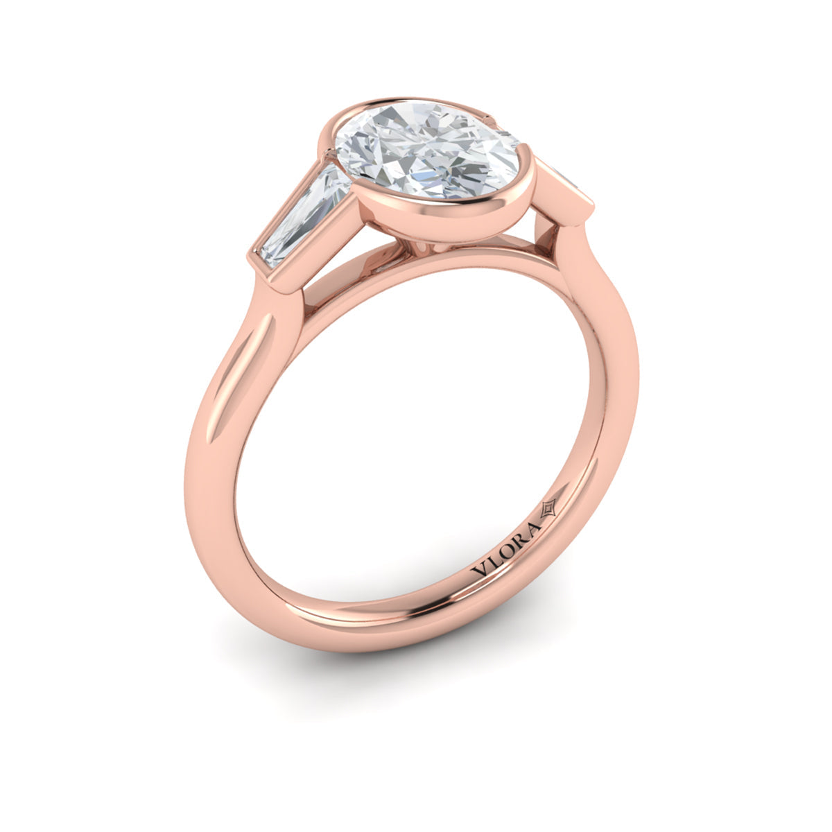 14kt Rose Gold Oval Diamond Three-Stone Bezel Ring