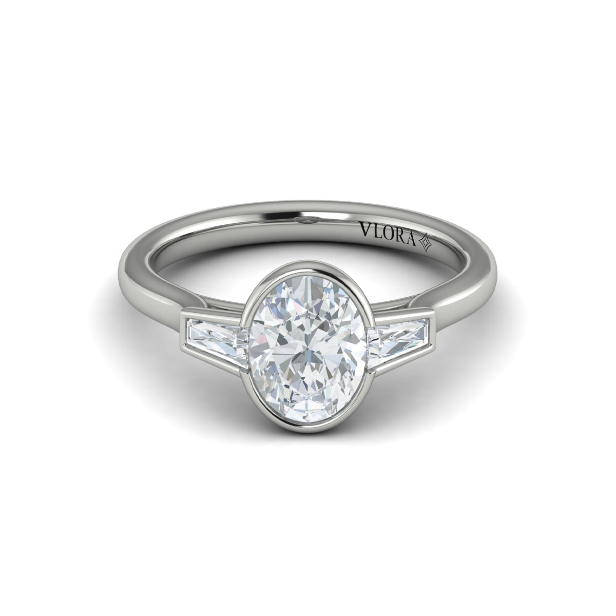 14K White Gold Oval Three-Stone Bezel Engagement Ring