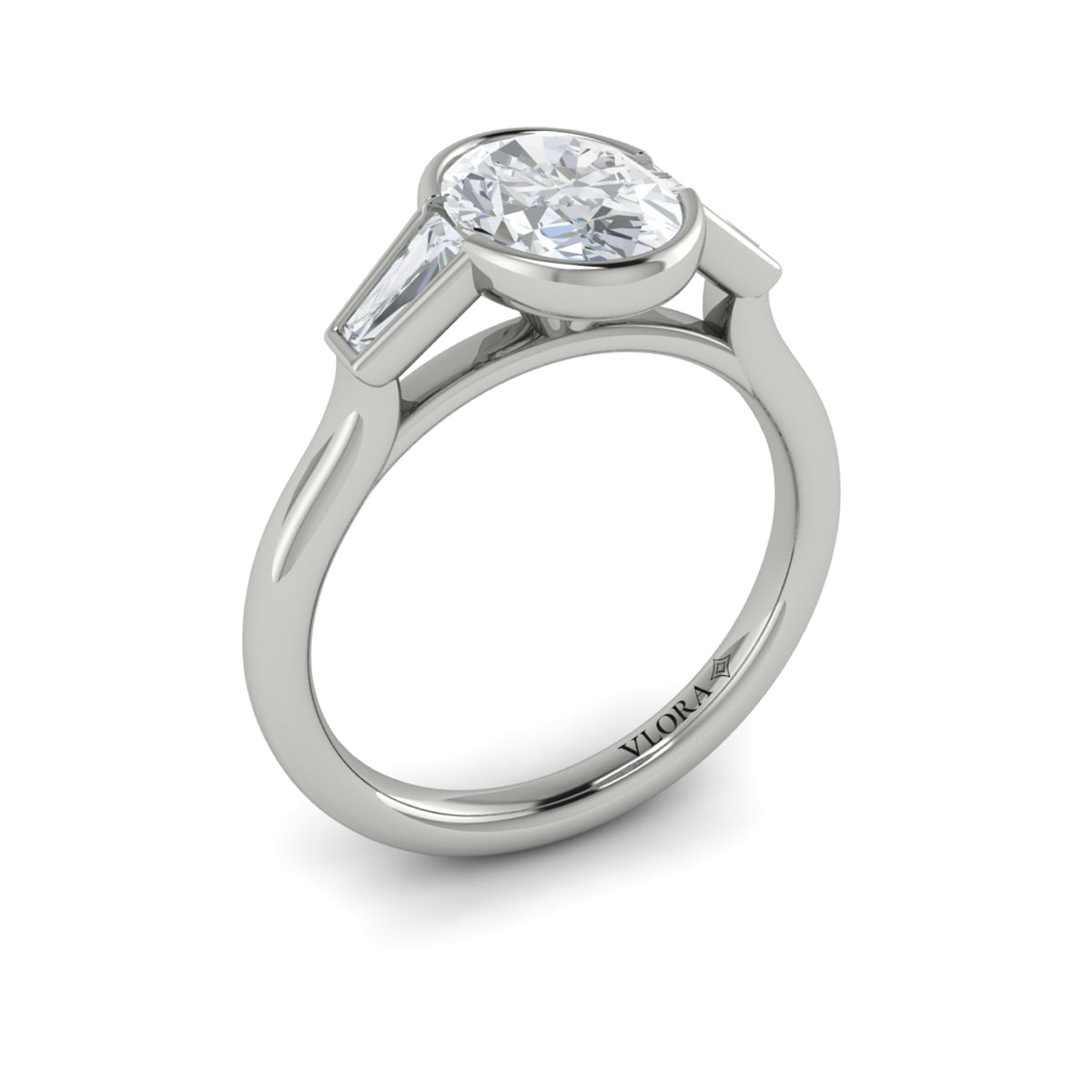 14K White Gold Oval Three-Stone Bezel Engagement Ring