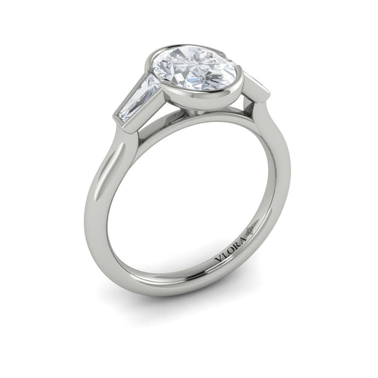 14K White Gold Oval Three-Stone Bezel Engagement Ring