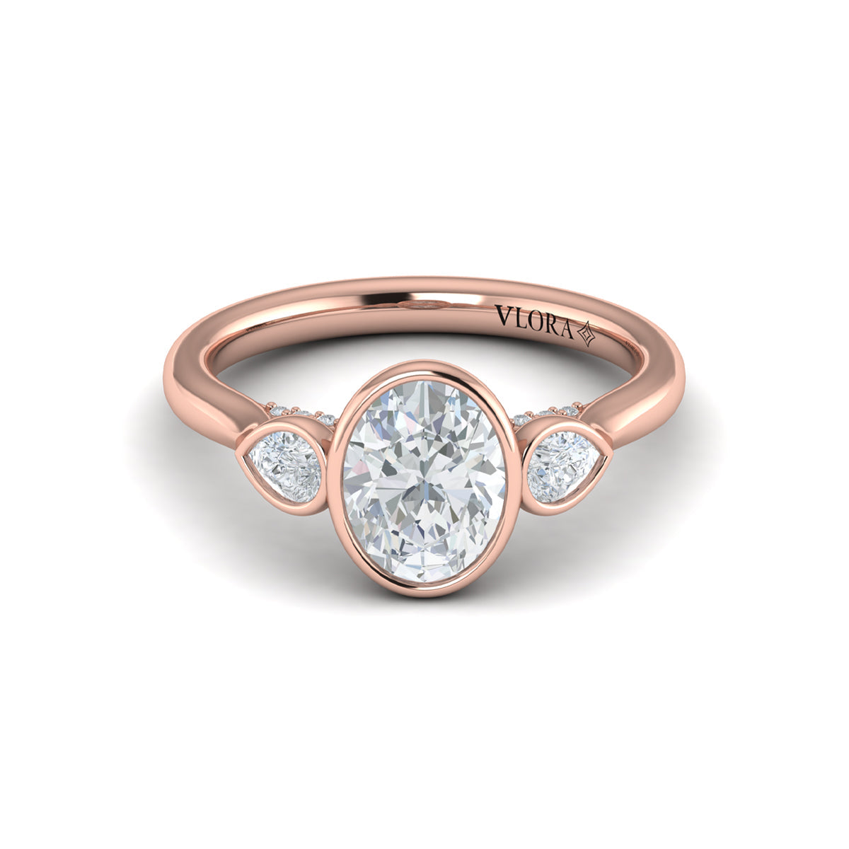 14kt Rose Gold Oval Diamond Three-Stone Bezel Engagement Ring