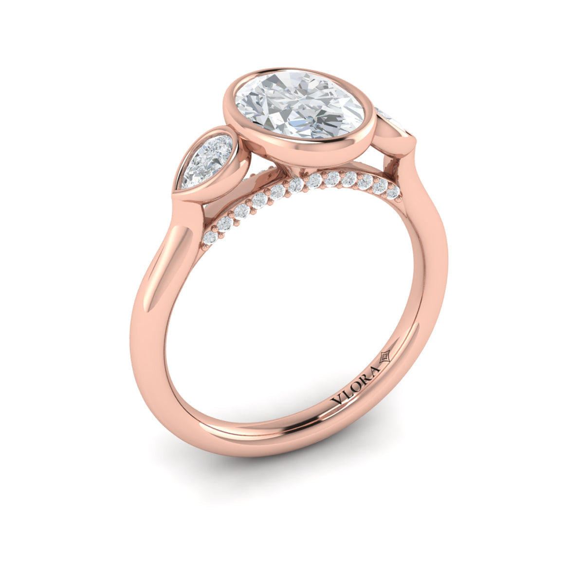 14kt Rose Gold Oval Diamond Three-Stone Bezel Engagement Ring
