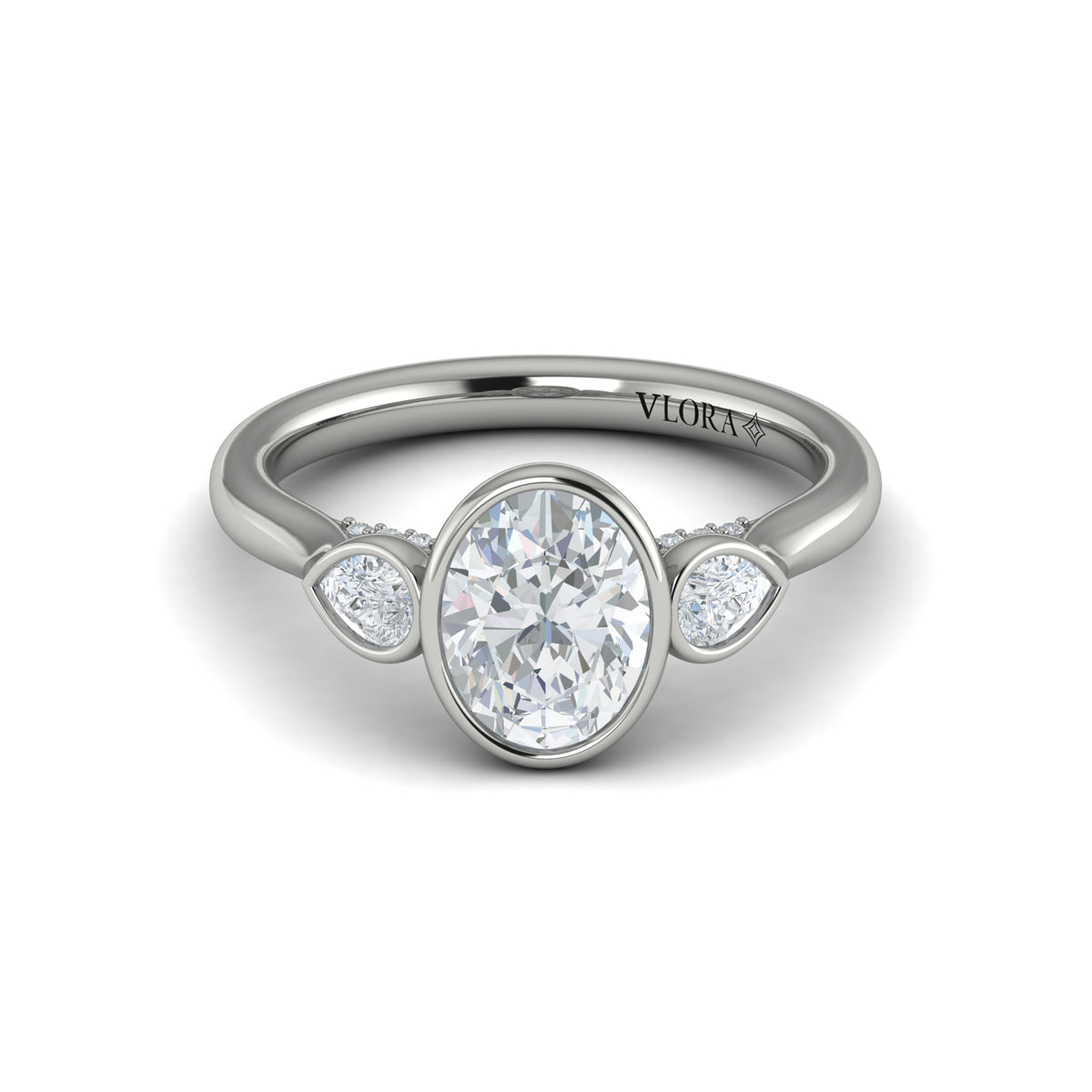 14K White Gold Oval Three-Stone Bezel Engagement Ring