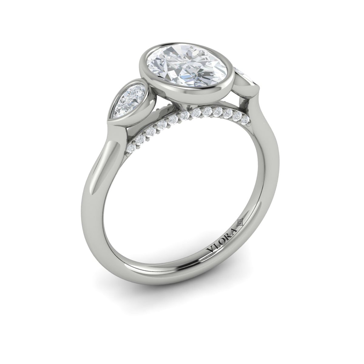 14K White Gold Oval Three-Stone Bezel Engagement Ring