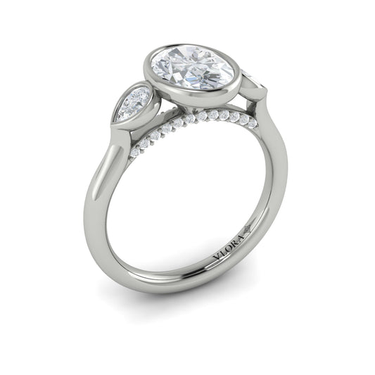 14K White Gold Oval Three-Stone Bezel Engagement Ring