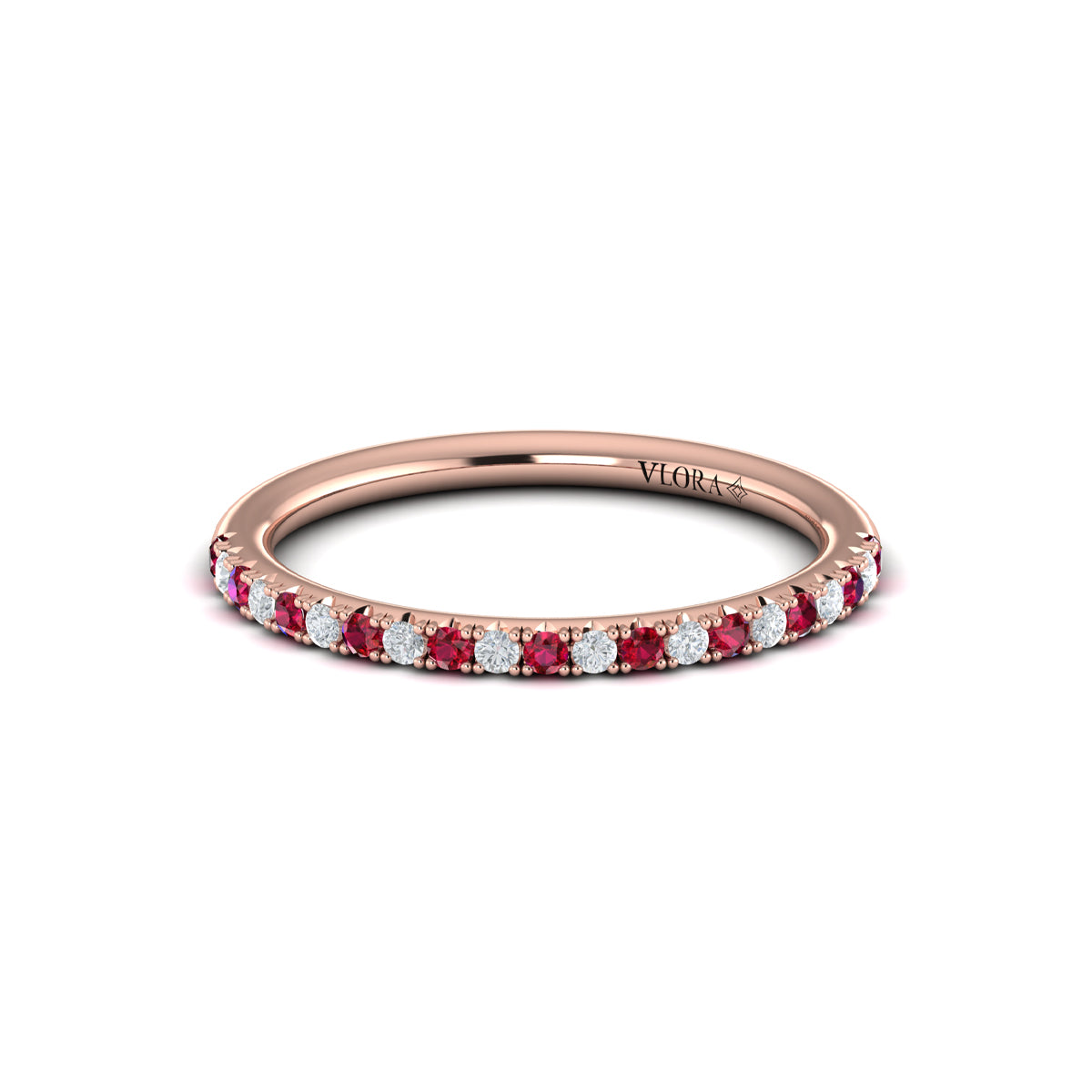18K Rose Gold Ruby Womens Wedding Band with Diamonds