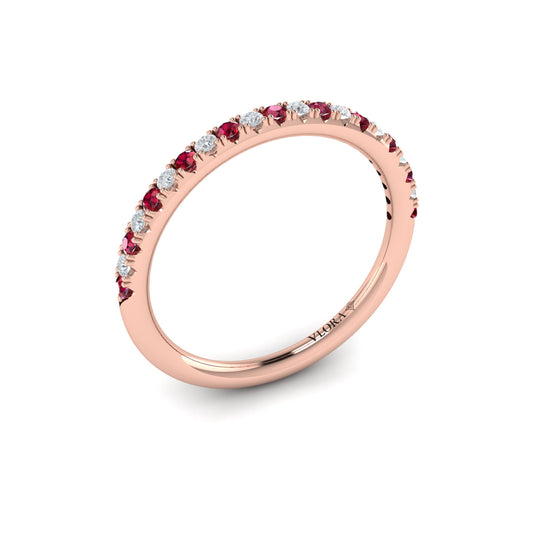 18K Rose Gold Ruby Womens Wedding Band with Diamonds