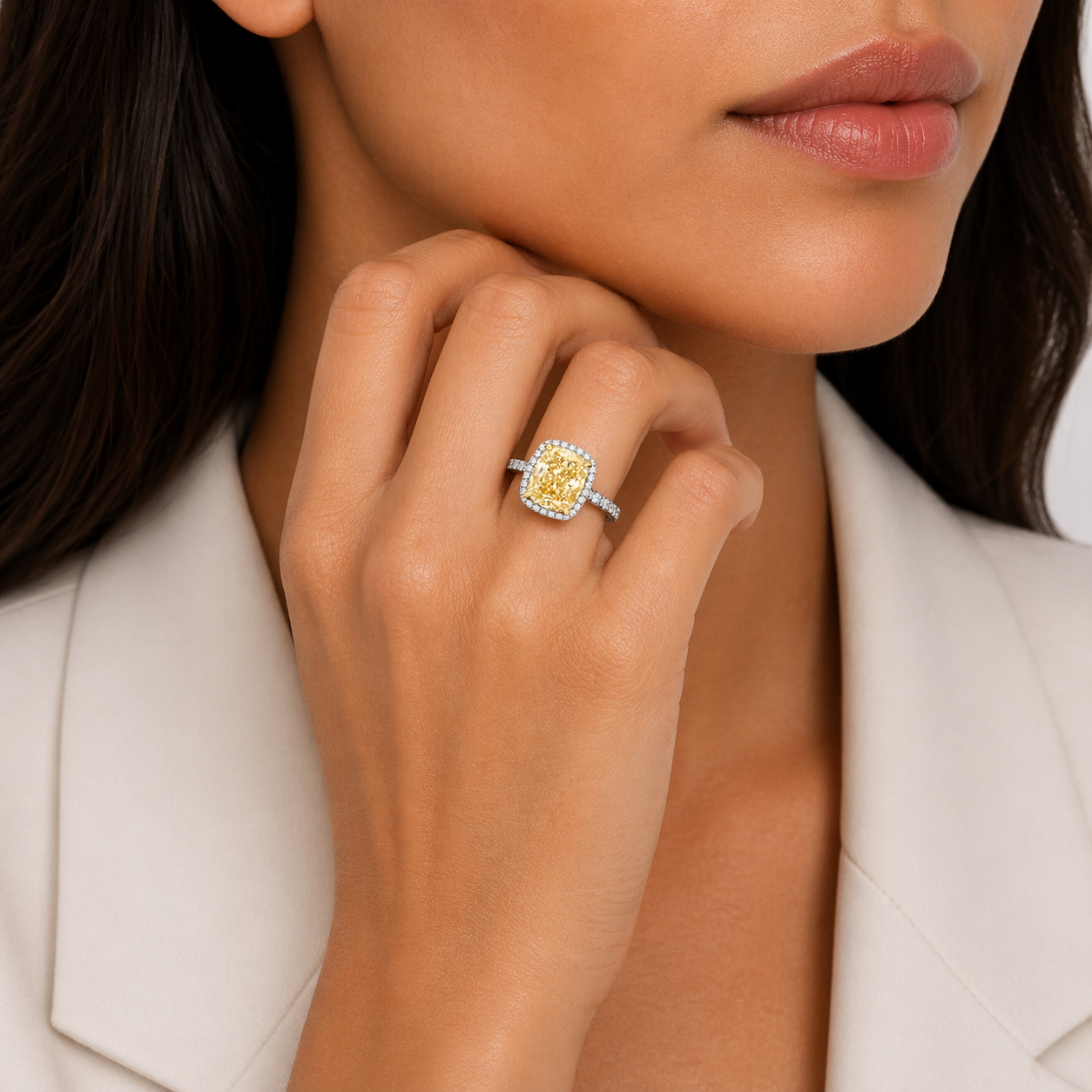 White and Yellow Gold Cushion Cut Lab-Grown Yellow Diamond Engagement Ring