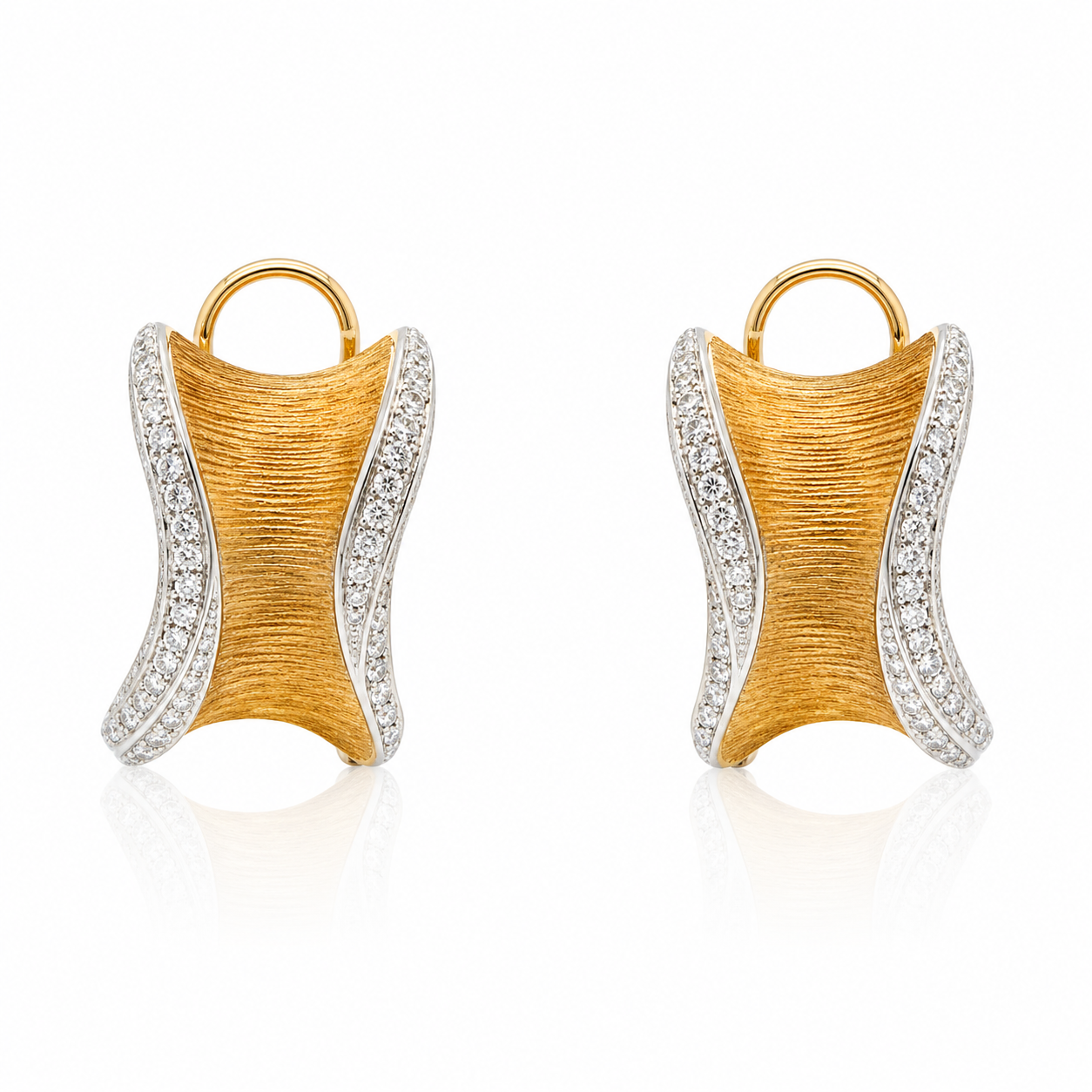 Yellow and White Gold Textured Gold and Diamond Huggies