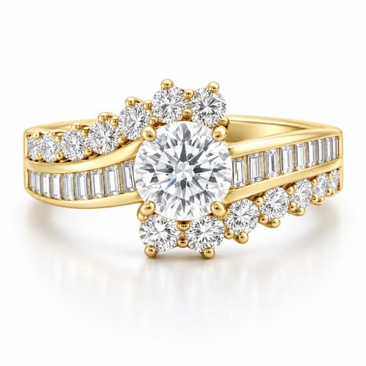 2.48 CTW Round and Baguette Diamond Bypass Engagement Ring in 18K Yellow Gold